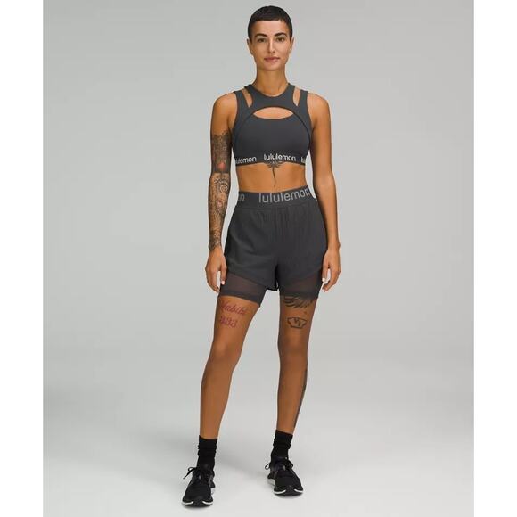 Lululemon Logo Waistband HR Train Shorts Black Mesh Liner - Picture 1 of 9